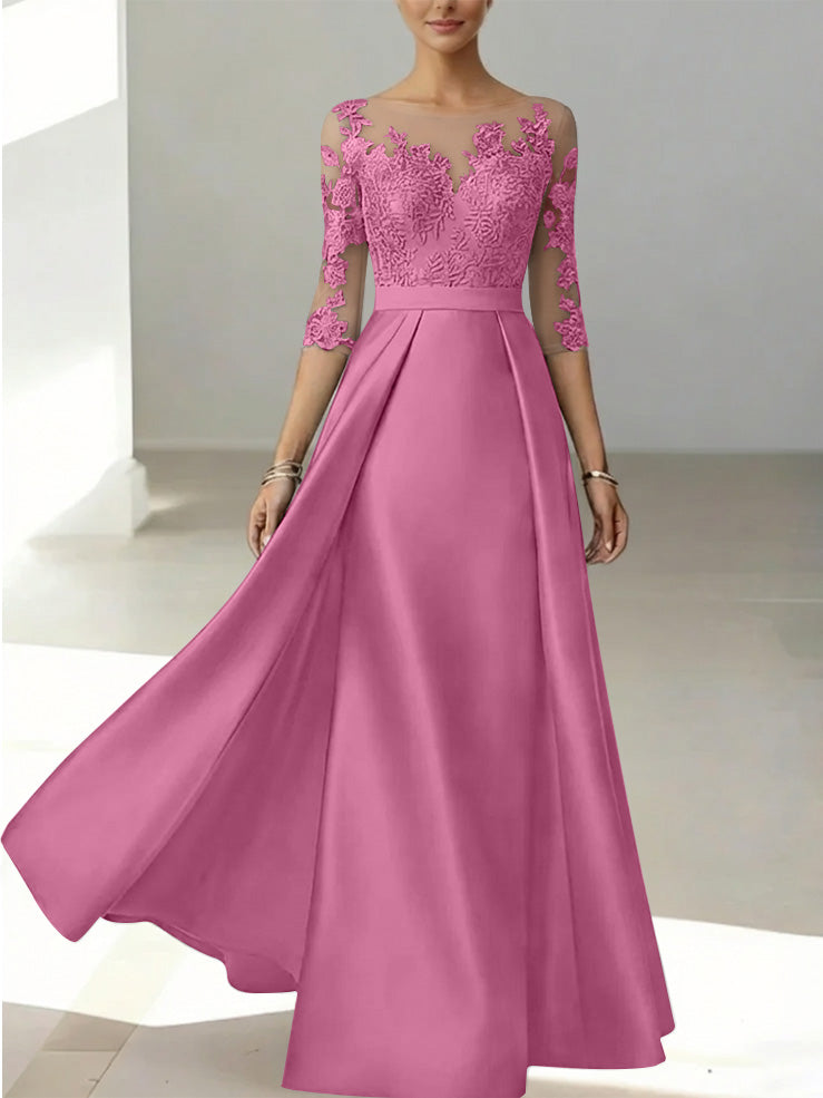 A-Line/Princess Scoop Satin Mother of the Bride Dresses 3/4 Sleeves Lace Floor-Length Floral