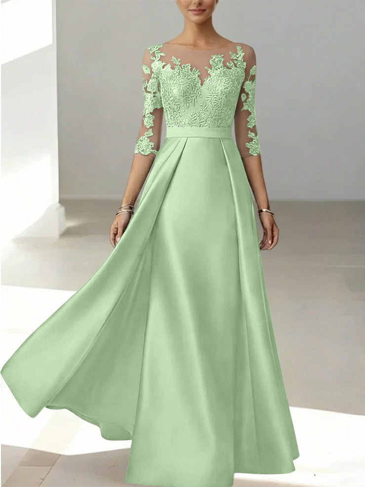 A-Line/Princess Scoop Satin Mother of the Bride Dresses 3/4 Sleeves Lace Floor-Length Floral