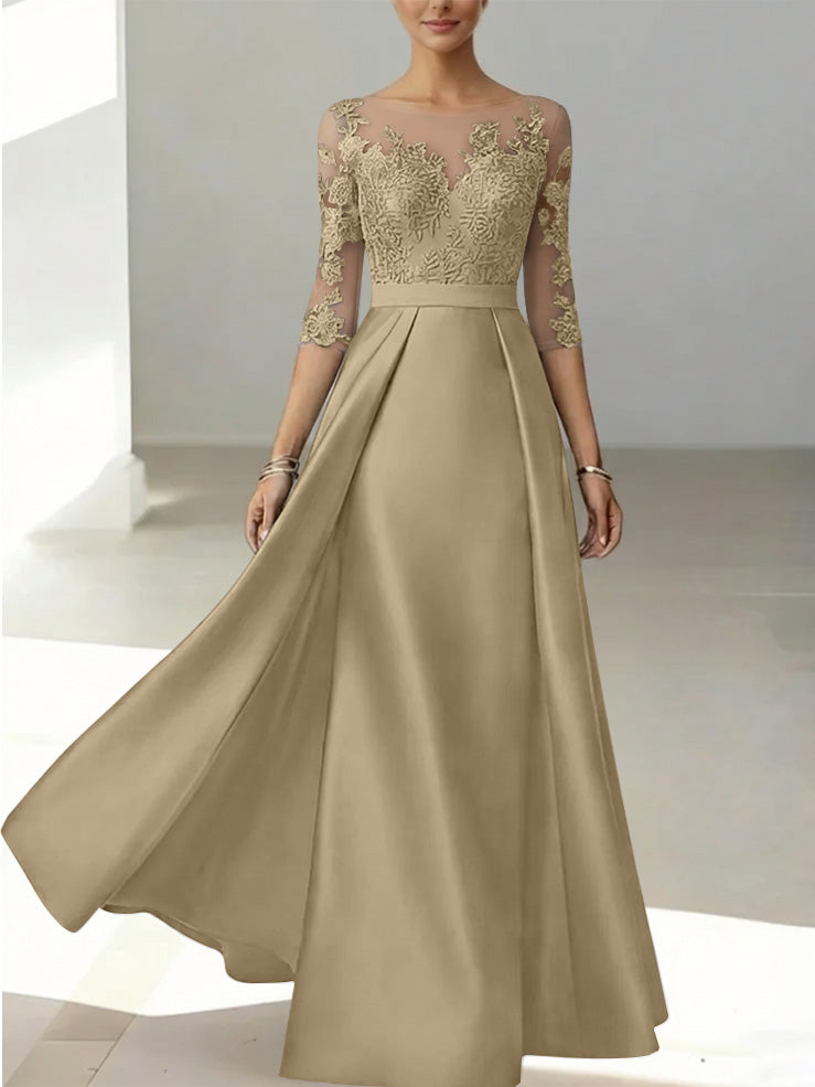 A-Line/Princess Scoop Satin Mother of the Bride Dresses 3/4 Sleeves Lace Floor-Length Floral
