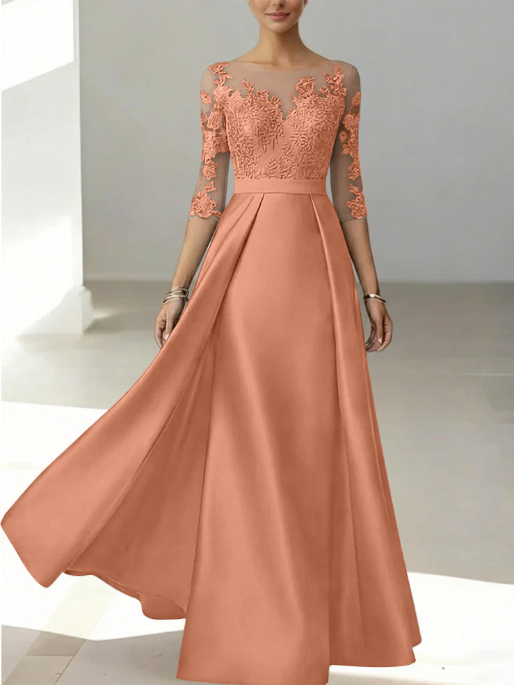 A-Line/Princess Scoop Satin Mother of the Bride Dresses 3/4 Sleeves Lace Floor-Length Floral