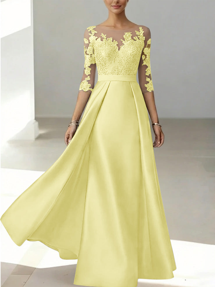 A-Line/Princess Scoop Satin Mother of the Bride Dresses 3/4 Sleeves Lace Floor-Length Floral
