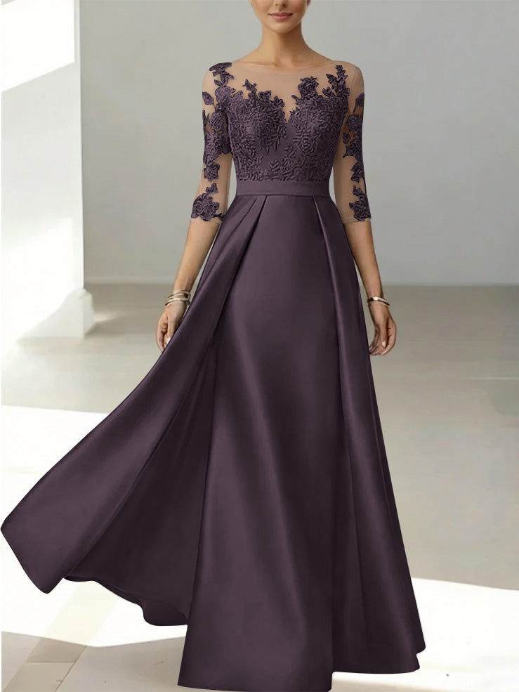 A-Line/Princess Scoop Satin Mother of the Bride Dresses 3/4 Sleeves Lace Floor-Length Floral