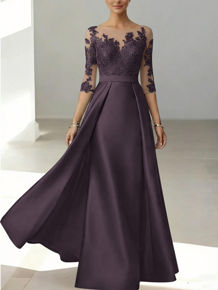 A-Line/Princess Scoop Satin Mother of the Bride Dresses 3/4 Sleeves Lace Floor-Length Floral