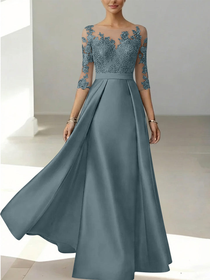 A-Line/Princess Scoop Satin Mother of the Bride Dresses 3/4 Sleeves Lace Floor-Length Floral