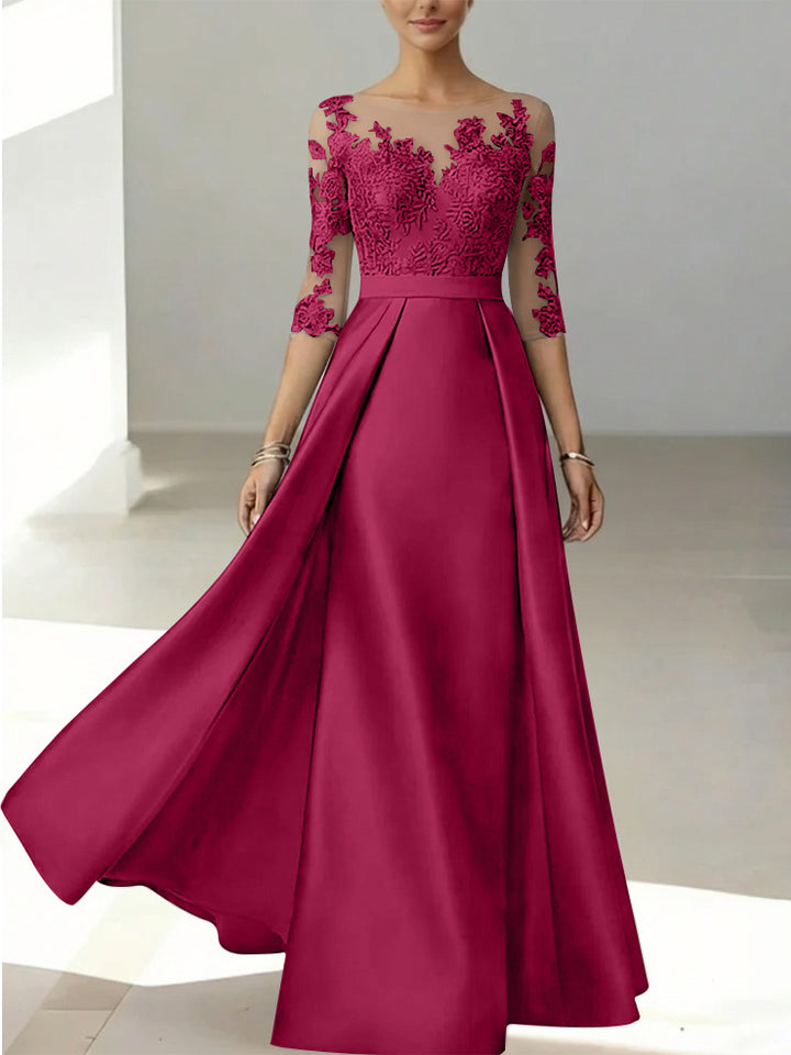 A-Line/Princess Scoop Satin Mother of the Bride Dresses 3/4 Sleeves Lace Floor-Length Floral