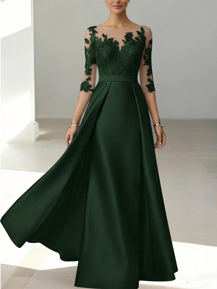 A-Line/Princess Scoop Satin Mother of the Bride Dresses 3/4 Sleeves Lace Floor-Length Floral