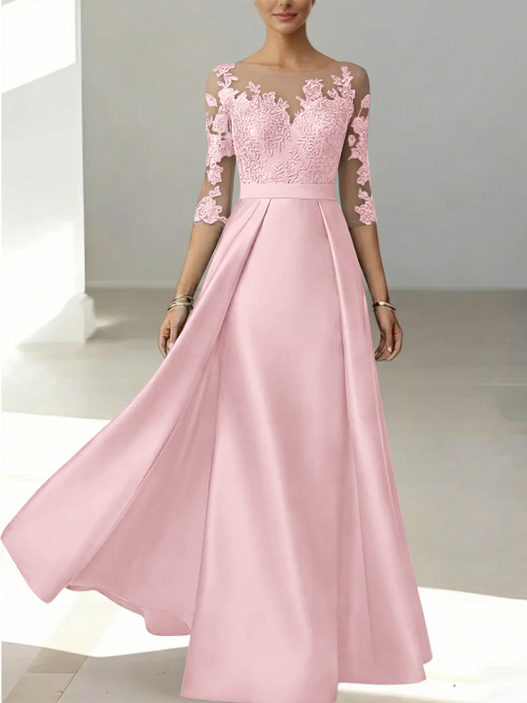 A-Line/Princess Scoop Satin Mother of the Bride Dresses 3/4 Sleeves Lace Floor-Length Floral
