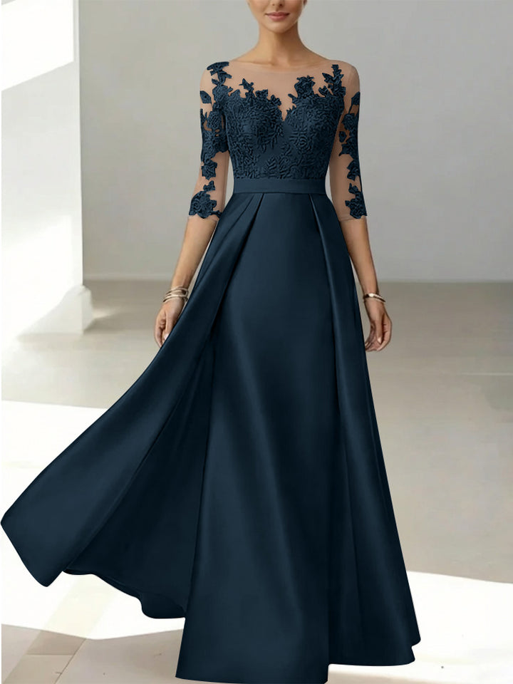 A-Line/Princess Scoop Satin Mother of the Bride Dresses 3/4 Sleeves Lace Floor-Length Floral