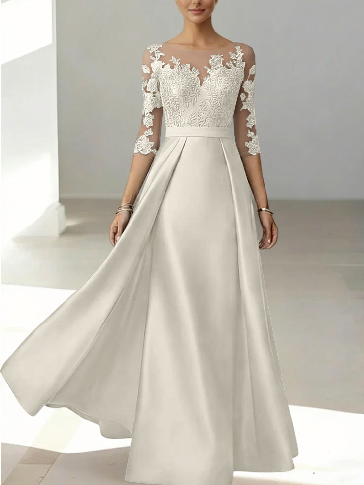 A-Line/Princess Scoop Satin Mother of the Bride Dresses 3/4 Sleeves Lace Floor-Length Floral