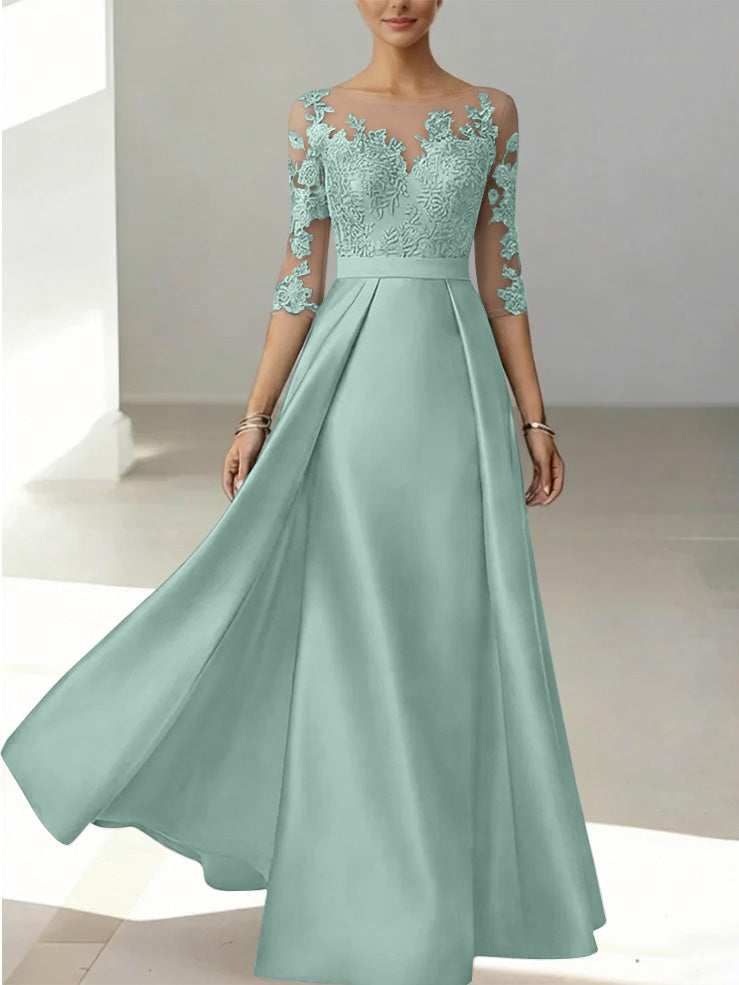 A-Line/Princess Scoop Satin Mother of the Bride Dresses 3/4 Sleeves Lace Floor-Length Floral
