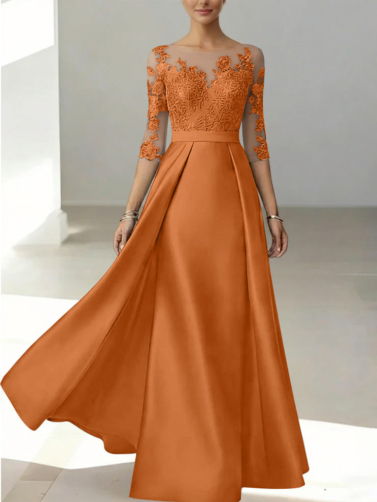A-Line/Princess Scoop Satin Mother of the Bride Dresses 3/4 Sleeves Lace Floor-Length Floral