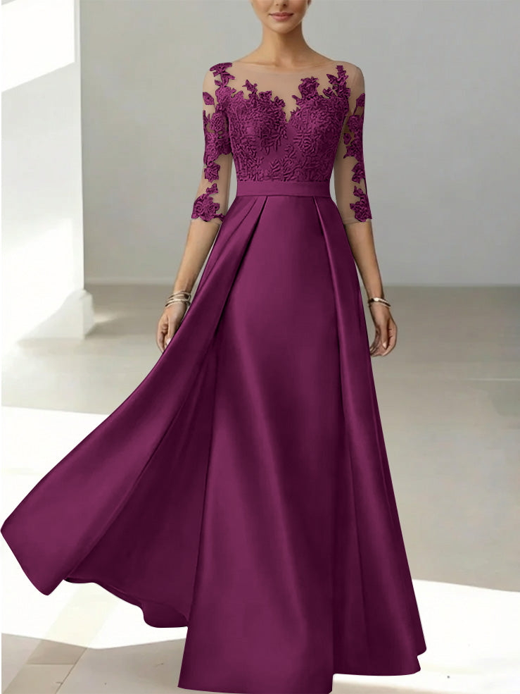 A-Line/Princess Scoop Satin Mother of the Bride Dresses 3/4 Sleeves Lace Floor-Length Floral