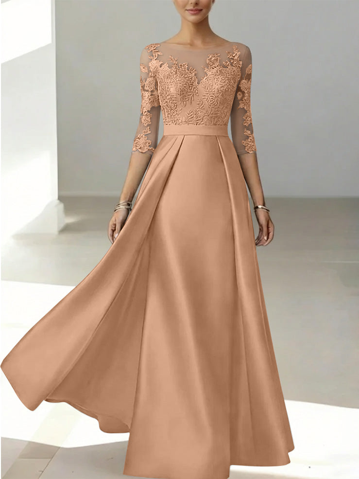 A-Line/Princess Scoop Satin Mother of the Bride Dresses 3/4 Sleeves Lace Floor-Length Floral