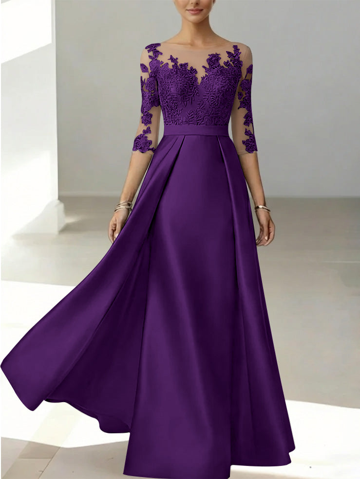 A-Line/Princess Scoop Satin Mother of the Bride Dresses 3/4 Sleeves Lace Floor-Length Floral