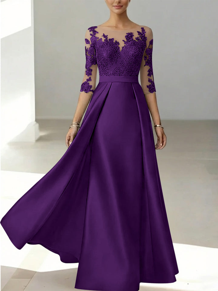 A-Line/Princess Scoop Satin Mother of the Bride Dresses 3/4 Sleeves Lace Floor-Length Floral
