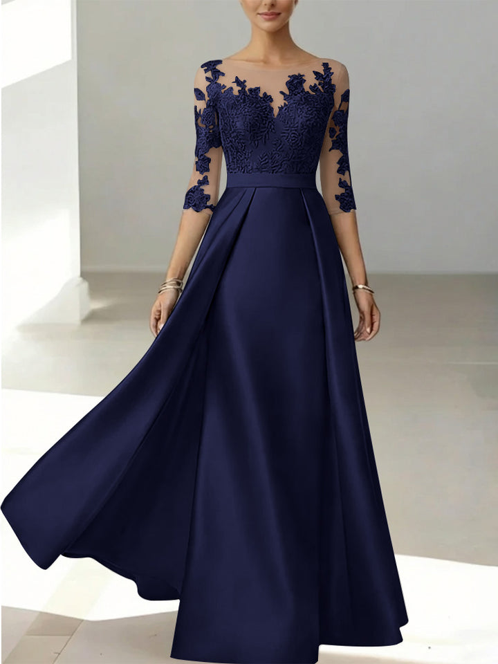 A-Line/Princess Scoop Satin Mother of the Bride Dresses 3/4 Sleeves Lace Floor-Length Floral