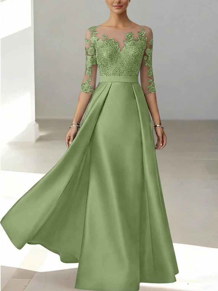 A-Line/Princess Scoop Satin Mother of the Bride Dresses 3/4 Sleeves Lace Floor-Length Floral