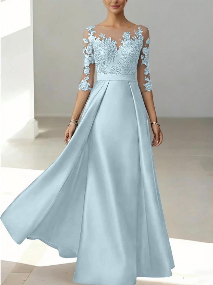 A-Line/Princess Scoop Satin Mother of the Bride Dresses 3/4 Sleeves Lace Floor-Length Floral