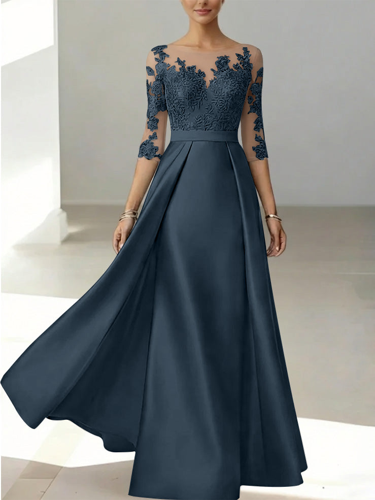 A-Line/Princess Scoop Satin Mother of the Bride Dresses 3/4 Sleeves Lace Floor-Length Floral