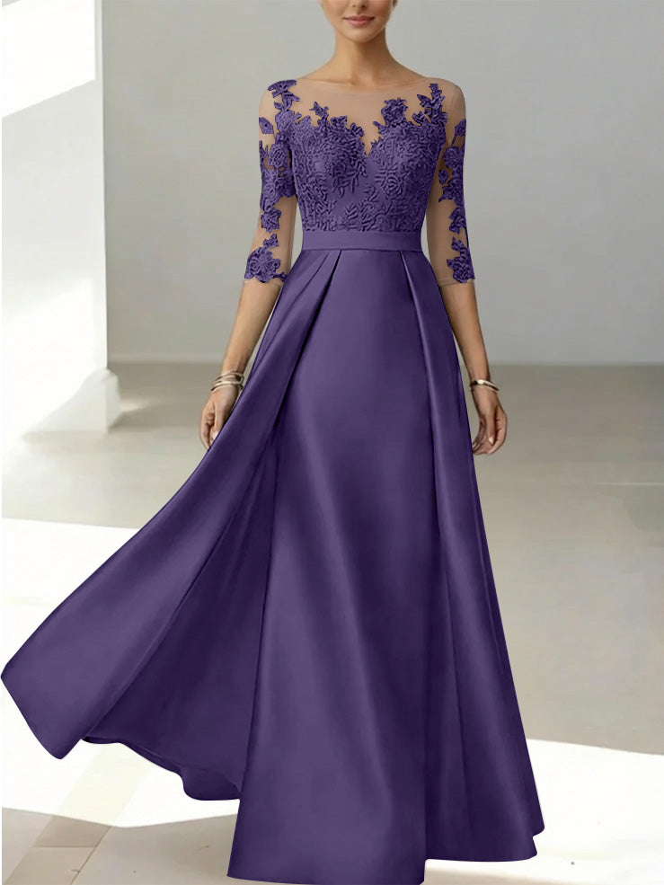 A-Line/Princess Scoop Satin Mother of the Bride Dresses 3/4 Sleeves Lace Floor-Length Floral