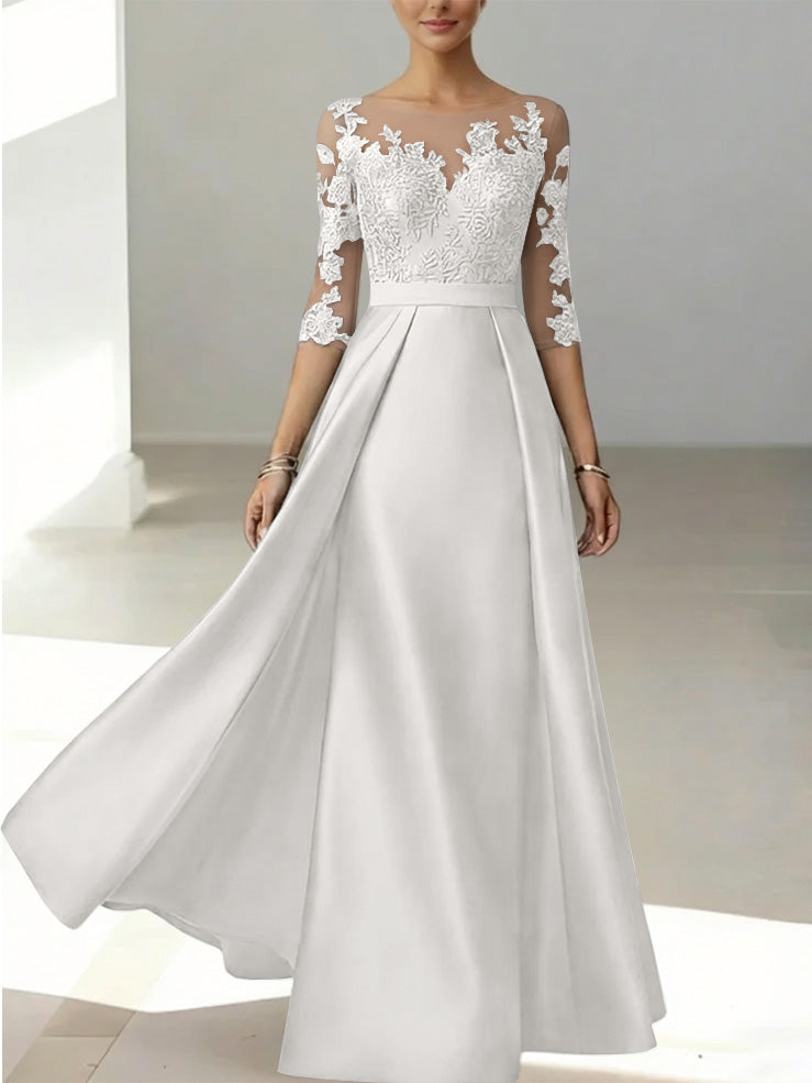 A-Line/Princess Scoop Satin Mother of the Bride Dresses 3/4 Sleeves Lace Floor-Length Floral