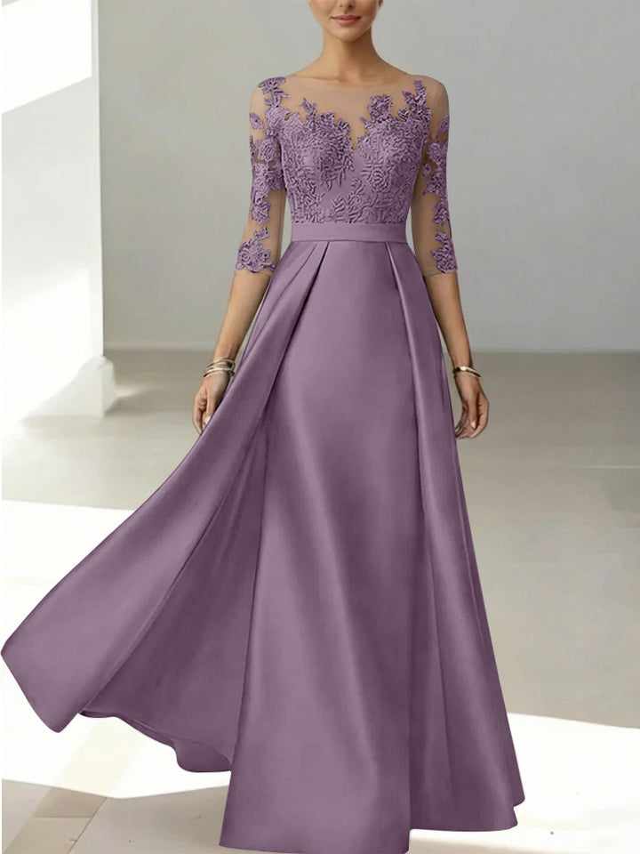 A-Line/Princess Scoop Satin Mother of the Bride Dresses 3/4 Sleeves Lace Floor-Length Floral