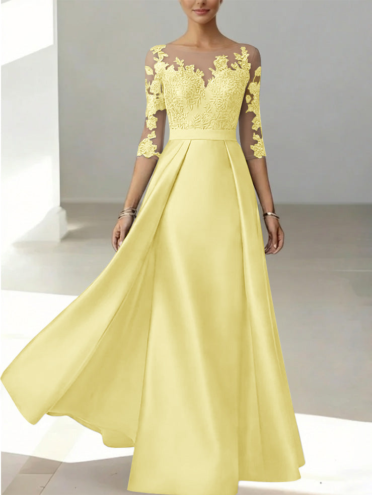 A-Line/Princess Scoop Satin Mother of the Bride Dresses 3/4 Sleeves Lace Floor-Length Floral