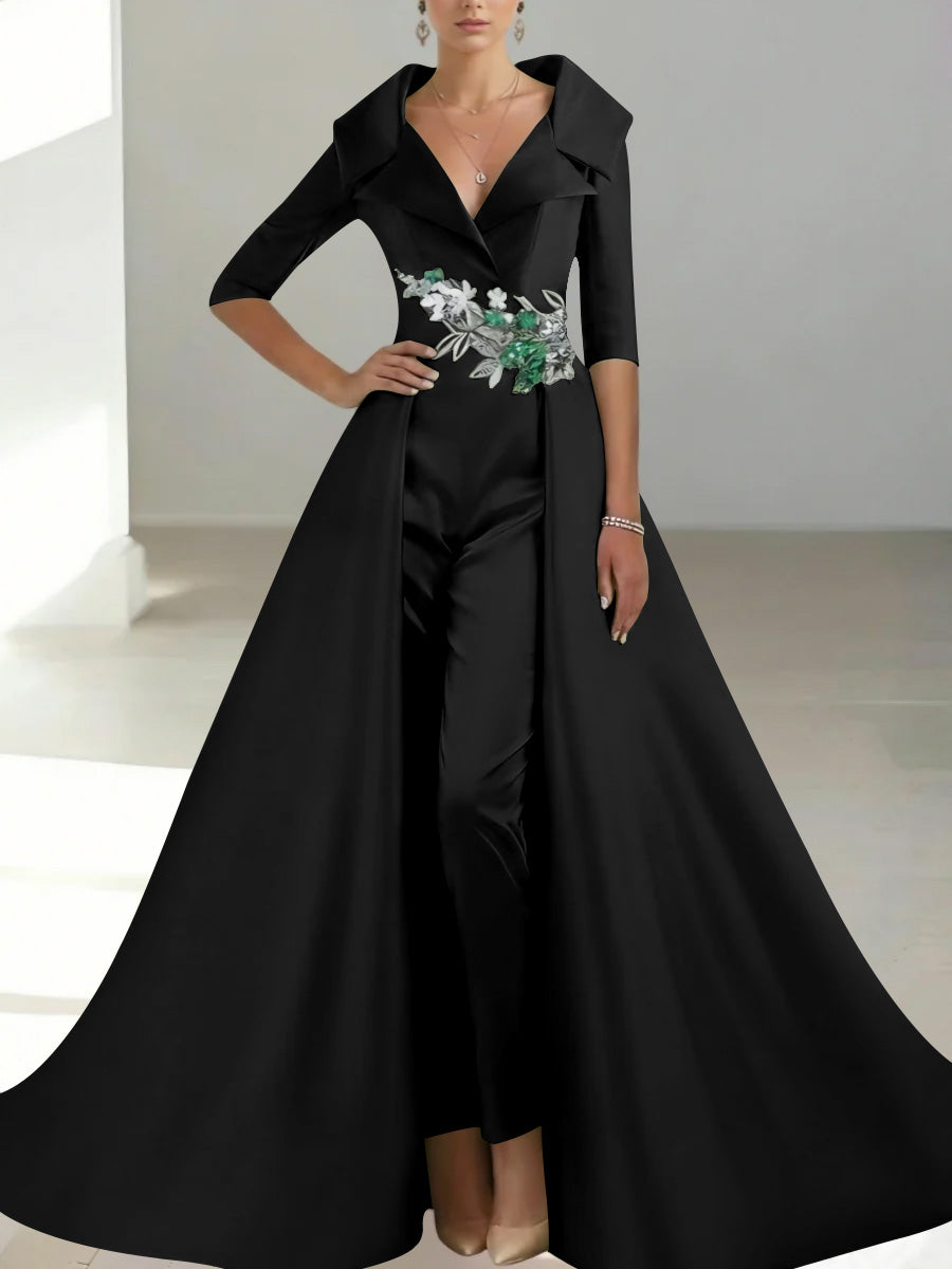 A-Line/Princess Shirt Collar Satin Mother of the Bride Jumpsuit Overskirt Floral Sequins Pocket Half Sleeves Floor-Length