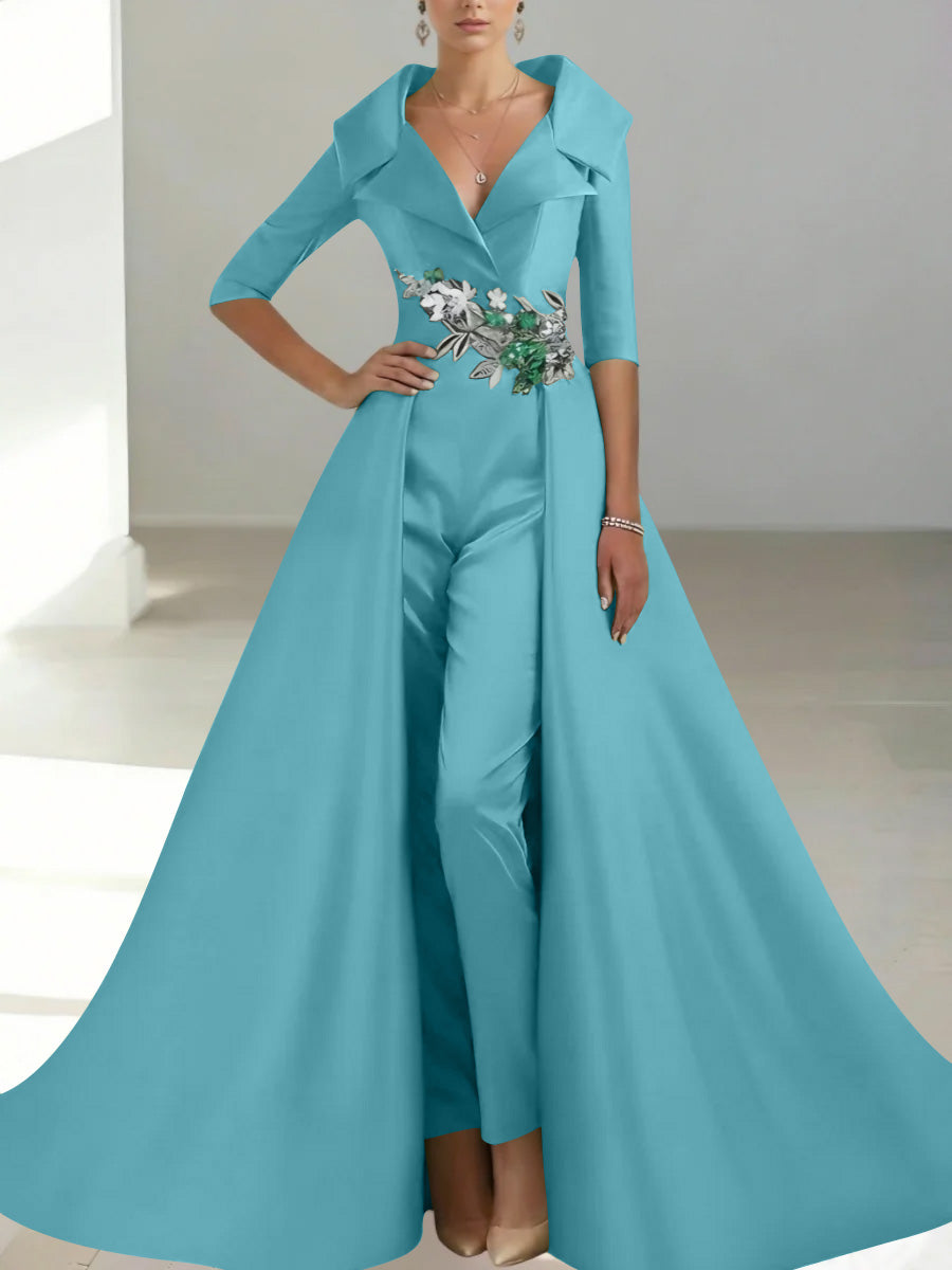 Sage Green Mother of the Bride Dresses 2026 2 Pieces Pantsuit A-Line Long Coat V Neck 3/4 Sleeve Wedding Guest Party Outfit with Floral Embroidery,