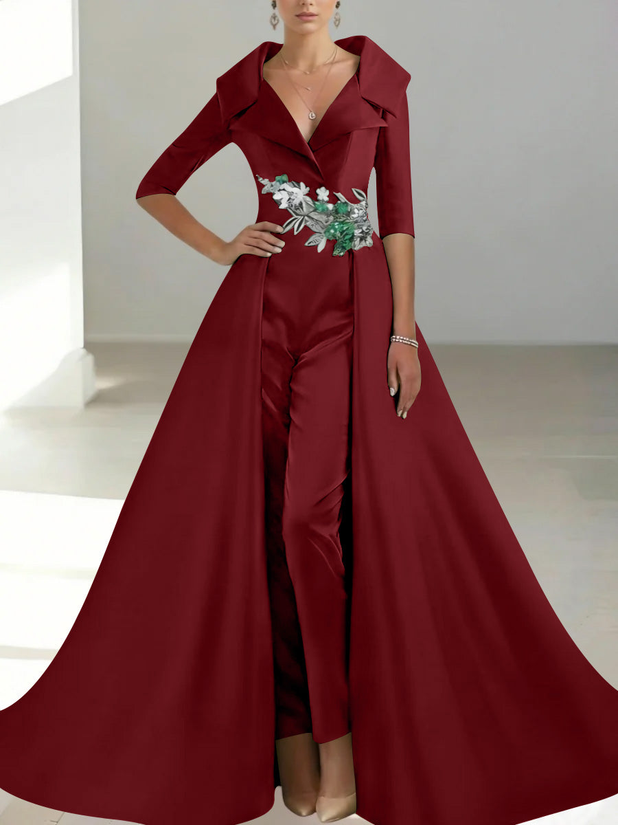A-Line/Princess Shirt Collar Satin Mother of the Bride Jumpsuit Overskirt Floral Sequins Pocket Half Sleeves Floor-Length