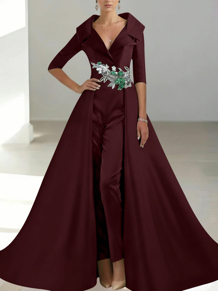 A-Line/Princess Shirt Collar Satin Mother of the Bride Jumpsuit Overskirt Floral Sequins Pocket Half Sleeves Floor-Length