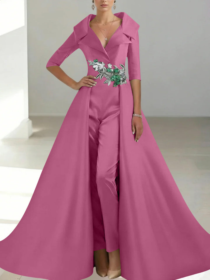 A-Line/Princess Shirt Collar Satin Mother of the Bride Jumpsuit Overskirt Floral Sequins Pocket Half Sleeves Floor-Length