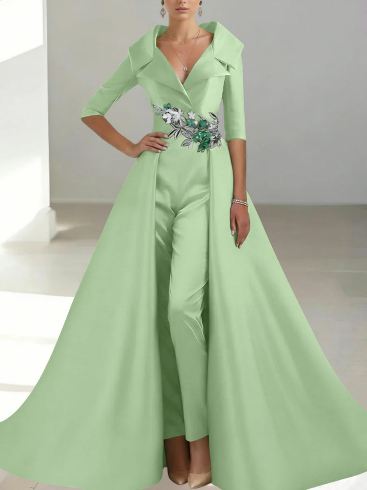 A-Line/Princess Shirt Collar Satin Mother of the Bride Jumpsuit Overskirt Floral Sequins Pocket Half Sleeves Floor-Length