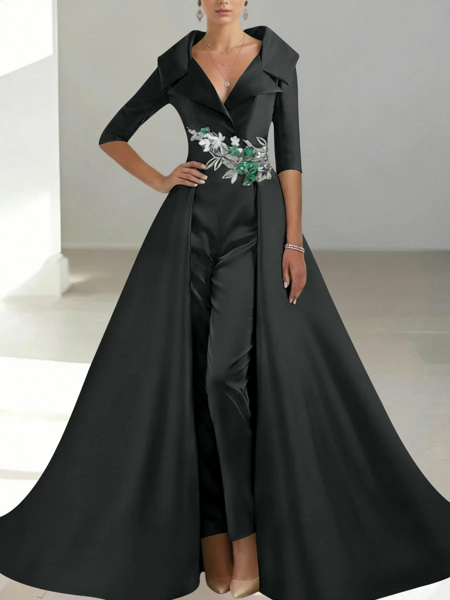 A-Line/Princess Shirt Collar Satin Mother of the Bride Jumpsuit Overskirt Floral Sequins Pocket Half Sleeves Floor-Length