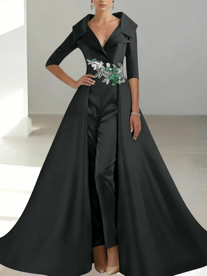 A-Line/Princess Shirt Collar Satin Mother of the Bride Jumpsuit Overskirt Floral Sequins Pocket Half Sleeves Floor-Length