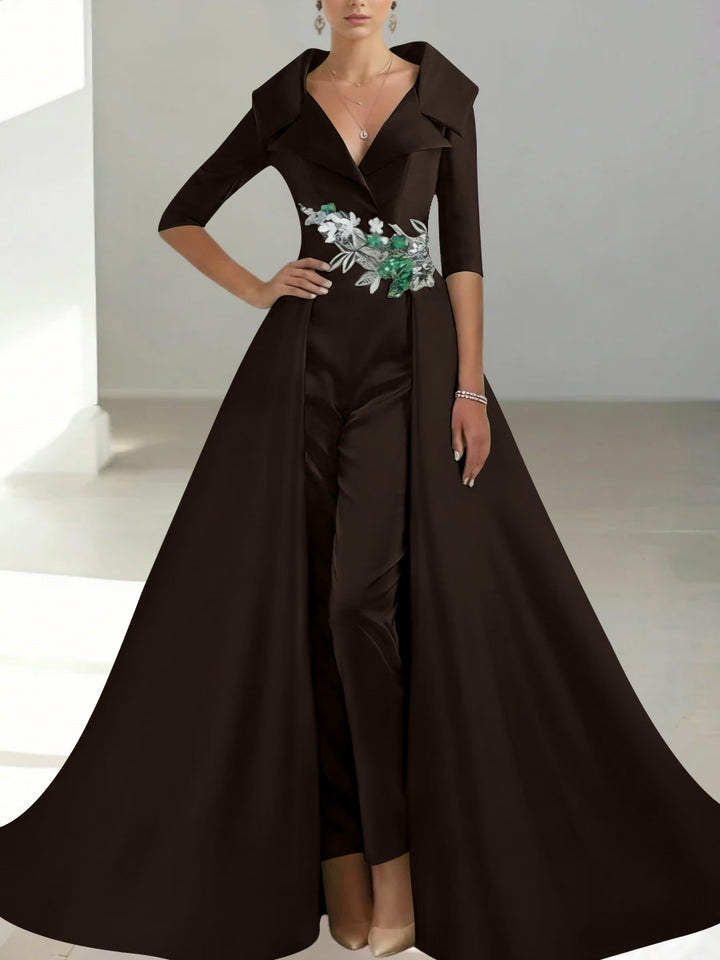 A-Line/Princess Shirt Collar Satin Mother of the Bride Jumpsuit Overskirt Floral Sequins Pocket Half Sleeves Floor-Length