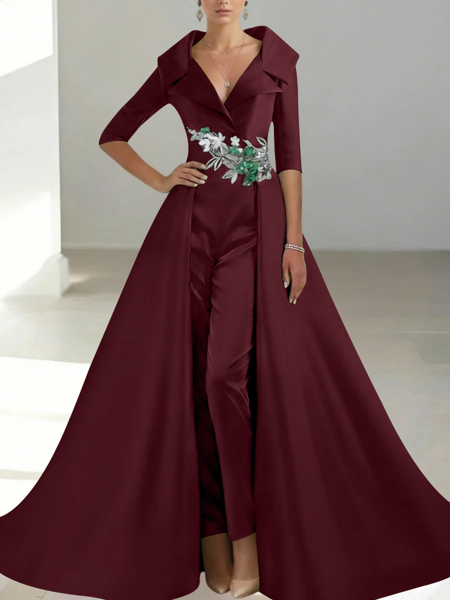 A-Line/Princess Shirt Collar Satin Mother of the Bride Jumpsuit Overskirt Floral Sequins Pocket Half Sleeves Floor-Length