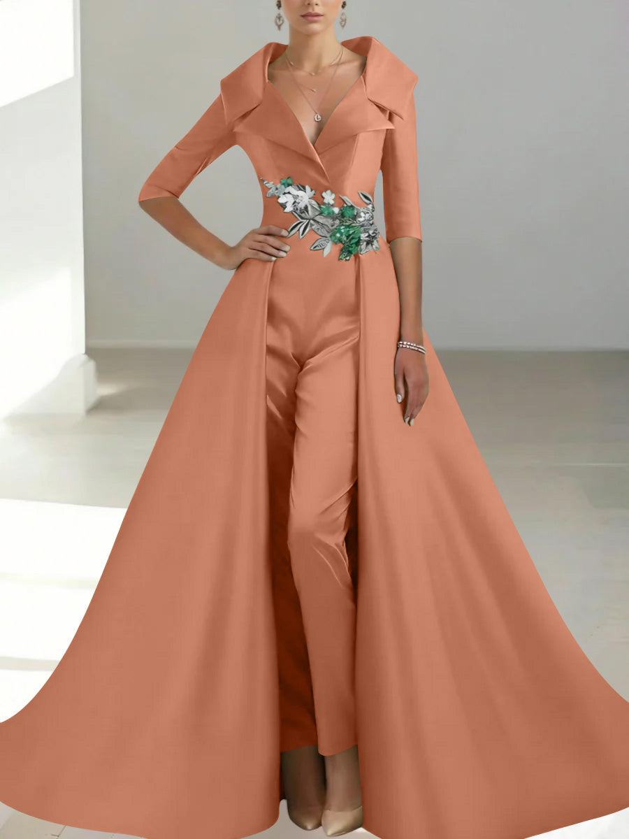 A-Line/Princess Shirt Collar Satin Mother of the Bride Jumpsuit Overskirt Floral Sequins Pocket Half Sleeves Floor-Length