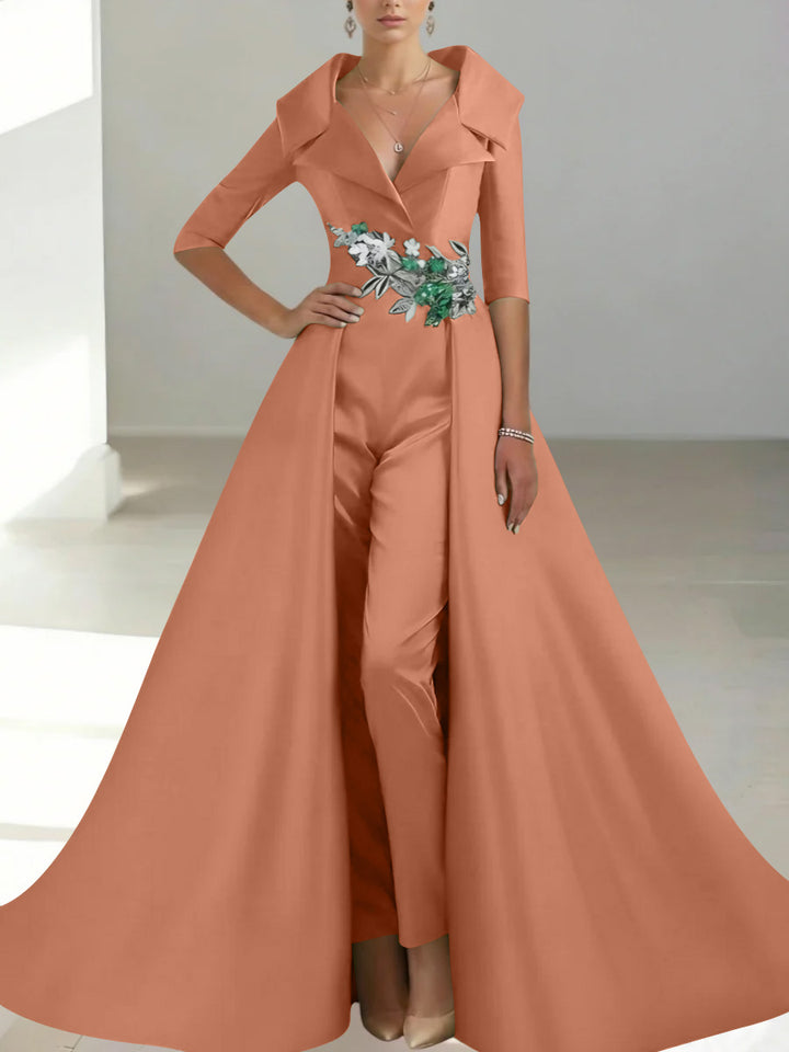 A-Line/Princess Shirt Collar Satin Mother of the Bride Jumpsuit Overskirt Floral Sequins Pocket Half Sleeves Floor-Length