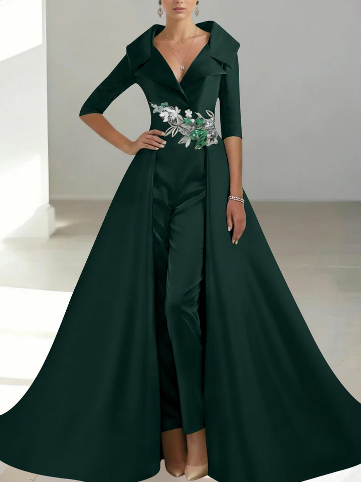 A-Line/Princess Shirt Collar Satin Mother of the Bride Jumpsuit Overskirt Floral Sequins Pocket Half Sleeves Floor-Length