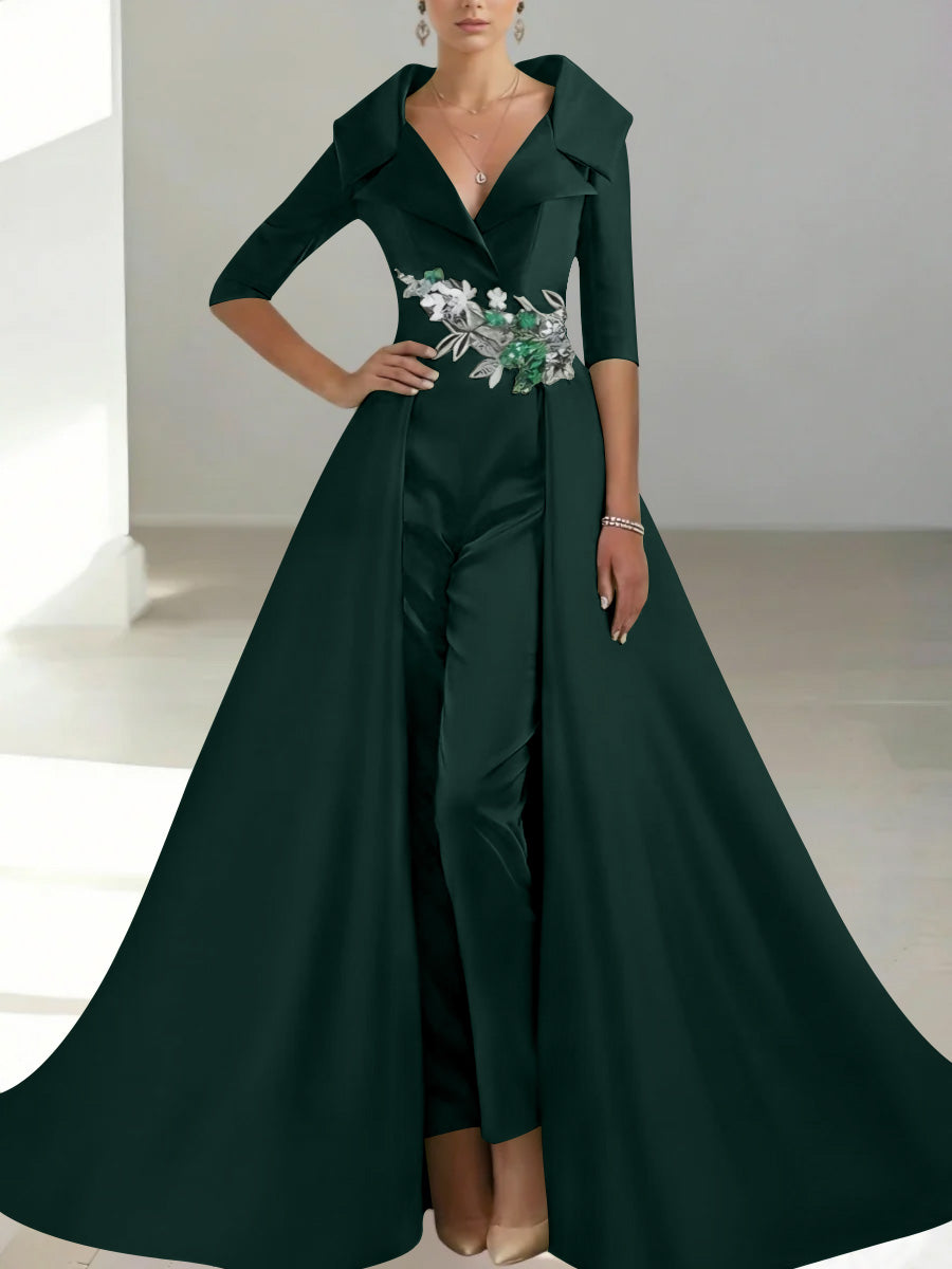 A-Line/Princess Shirt Collar Satin Mother of the Bride Jumpsuit Overskirt Floral Sequins Pocket Half Sleeves Floor-Length