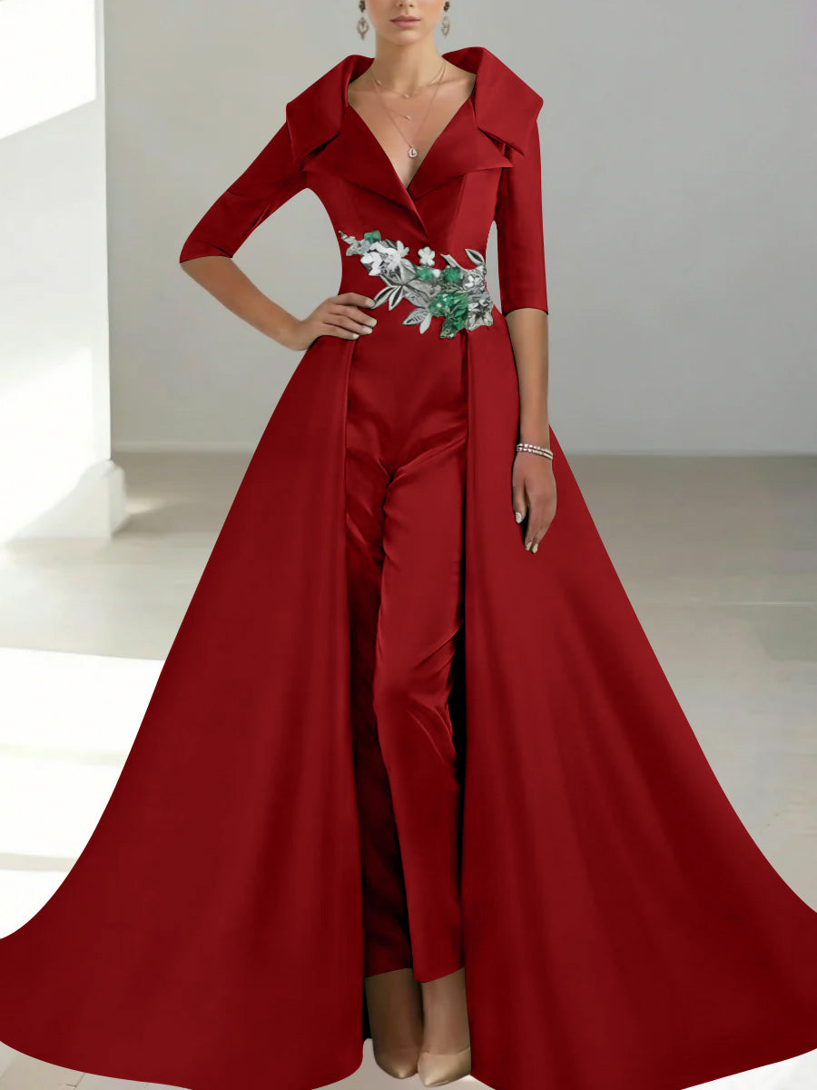 A-Line/Princess Shirt Collar Satin Mother of the Bride Jumpsuit Overskirt Floral Sequins Pocket Half Sleeves Floor-Length