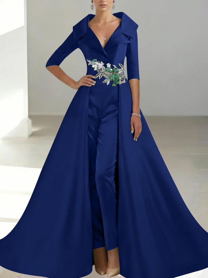 A-Line/Princess Shirt Collar Satin Mother of the Bride Jumpsuit Overskirt Floral Sequins Pocket Half Sleeves Floor-Length