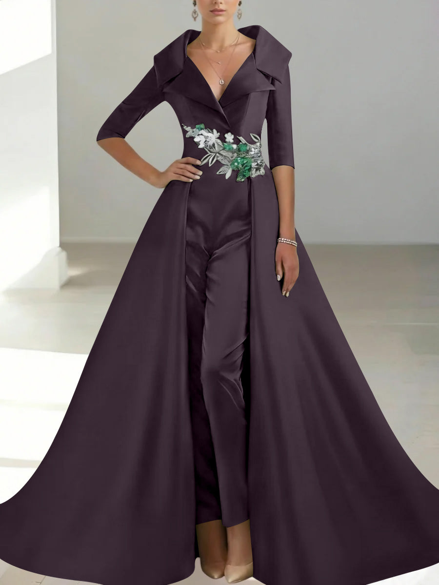A-Line/Princess Shirt Collar Satin Mother of the Bride Jumpsuit Overskirt Floral Sequins Pocket Half Sleeves Floor-Length