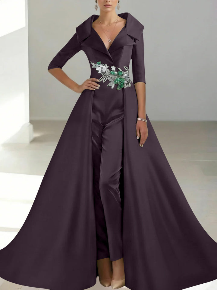 A-Line/Princess Shirt Collar Satin Mother of the Bride Jumpsuit Overskirt Floral Sequins Pocket Half Sleeves Floor-Length