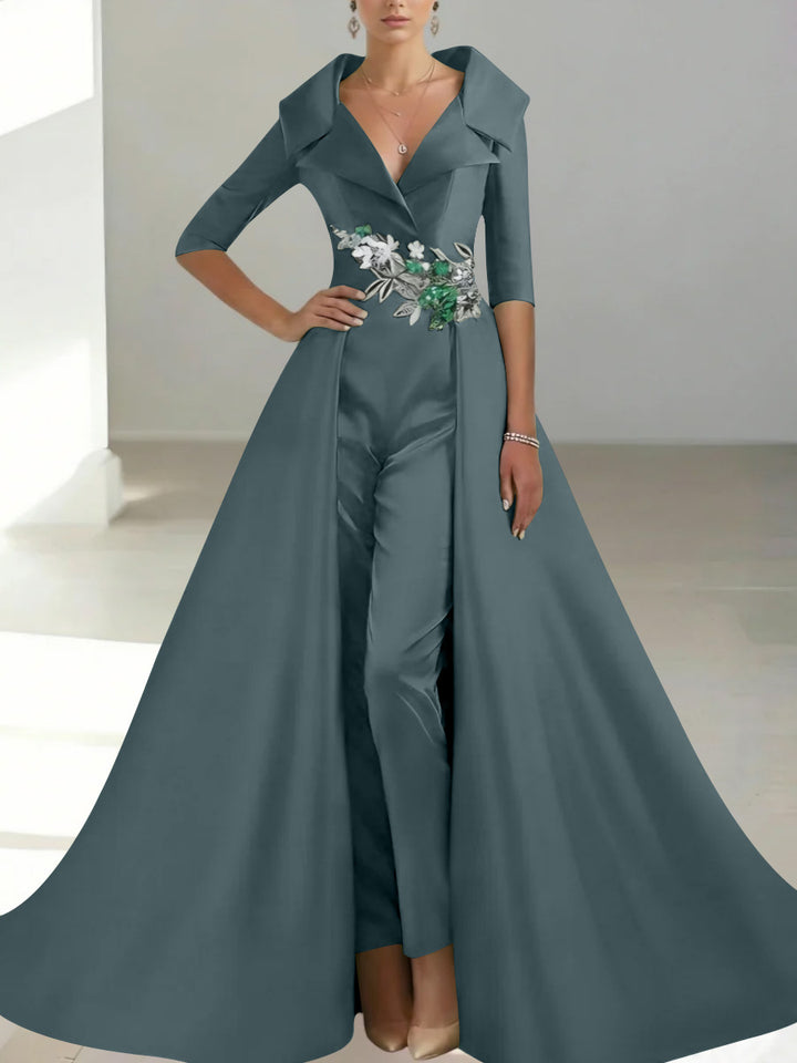 A-Line/Princess Shirt Collar Satin Mother of the Bride Jumpsuit Overskirt Floral Sequins Pocket Half Sleeves Floor-Length