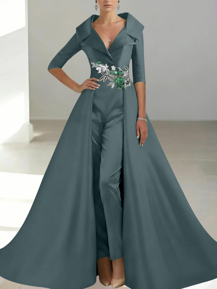 A-Line/Princess Shirt Collar Satin Mother of the Bride Jumpsuit Overskirt Floral Sequins Pocket Half Sleeves Floor-Length