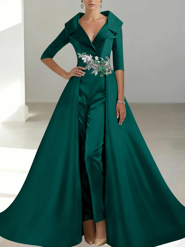A-Line/Princess Shirt Collar Satin Mother of the Bride Jumpsuit Overskirt Floral Sequins Pocket Half Sleeves Floor-Length