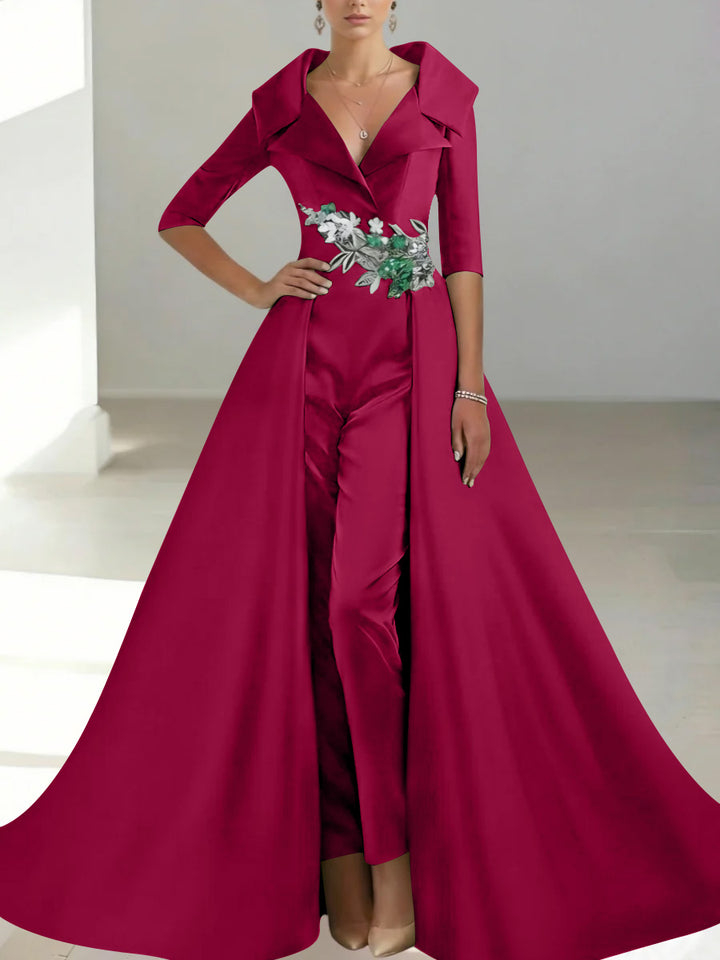A-Line/Princess Shirt Collar Satin Mother of the Bride Jumpsuit Overskirt Floral Sequins Pocket Half Sleeves Floor-Length