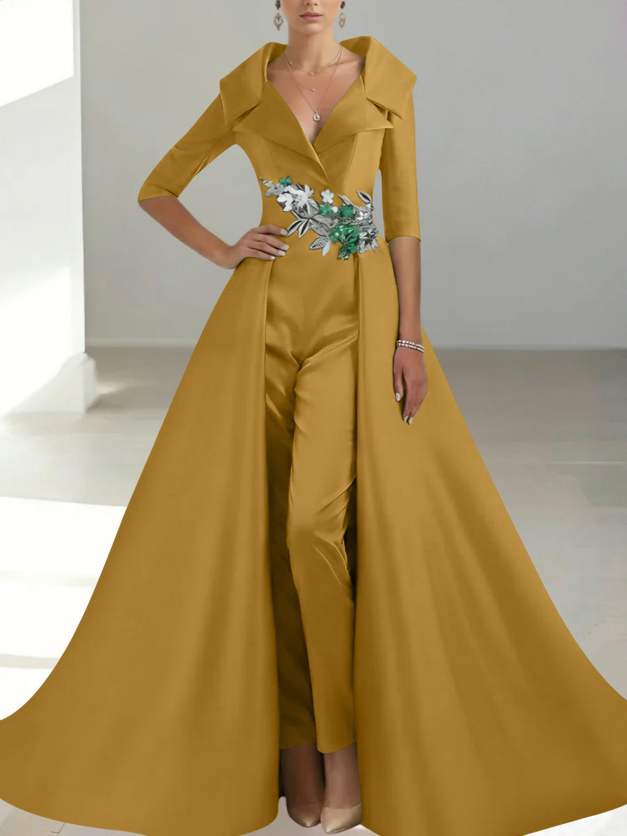 A-Line/Princess Shirt Collar Satin Mother of the Bride Jumpsuit Overskirt Floral Sequins Pocket Half Sleeves Floor-Length